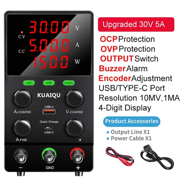 DC-laboratoriovirtalähde, OCP- ja OVP-suojaus, 4-numeron näyttö,30V5A OCP OVP, AC 220V