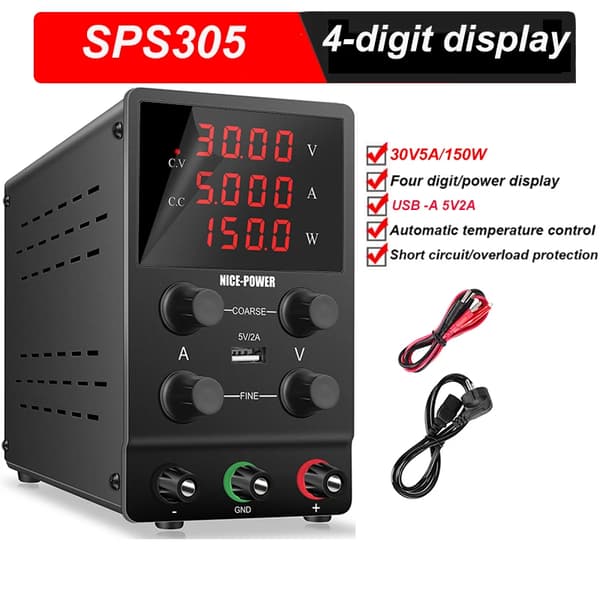 DC Laboratorie Strømforsyning, OCP og OVP Beskyttelse, 4-cifret Display,30V5A SPS305, AC 220V