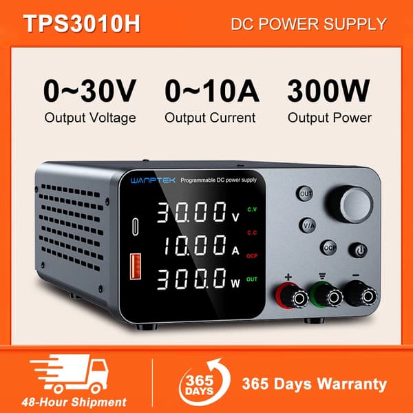 Justerbar DC-strømforsyning, 0~32V udgangsspænding, 0~10A strøm,220V, Sort TPS3010