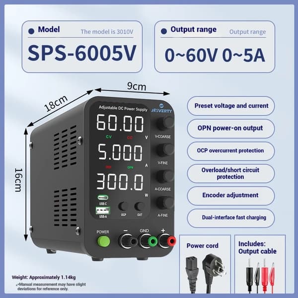 Jesverty DC Strømforsyning, Justerbar Udgange 0-60V, USB Hurtigopladning,60A05V-Model V, 220V EU-stik