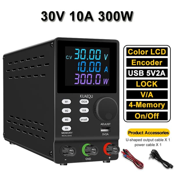 Justerbar DC-strømforsyning, 30V udgang, 10A strøm,AC 220V, SPPS3010D Sort