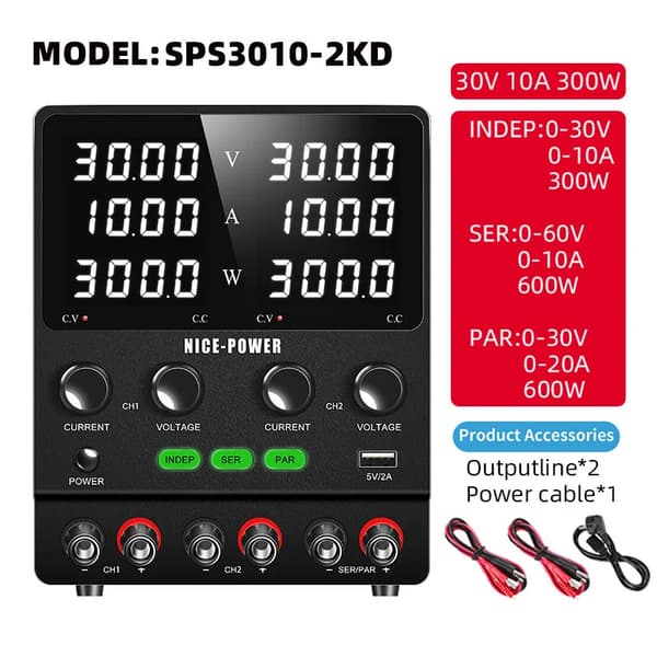 Dual Channel DC Strømforsyning, Udgiftsformer: Uafhængig, Serie, Parallel,AC 220V, SPS3010-2KD 30V10A