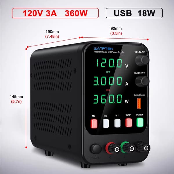 Programmerbar DC-strømforsyning, justerbar spænding 30V til 120V, LED-display for spænding og strøm,220V EU stik, 120V 3A