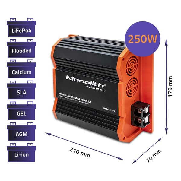 Qoltec 52479 Monolith DC-DC-oplader til LiFePO4 AGM 12V-batterier | 20A | 250W