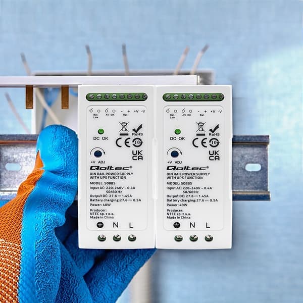 Qoltec 50885 Stabil DIN-skinne strømforsyning med UPS-funktion | 40W