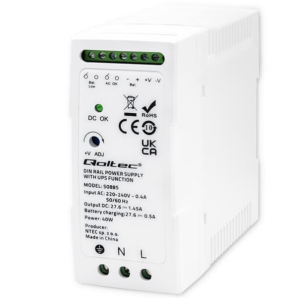 Qoltec 50885 Stabil DIN-skinne strømforsyning med UPS-funktion | 40W