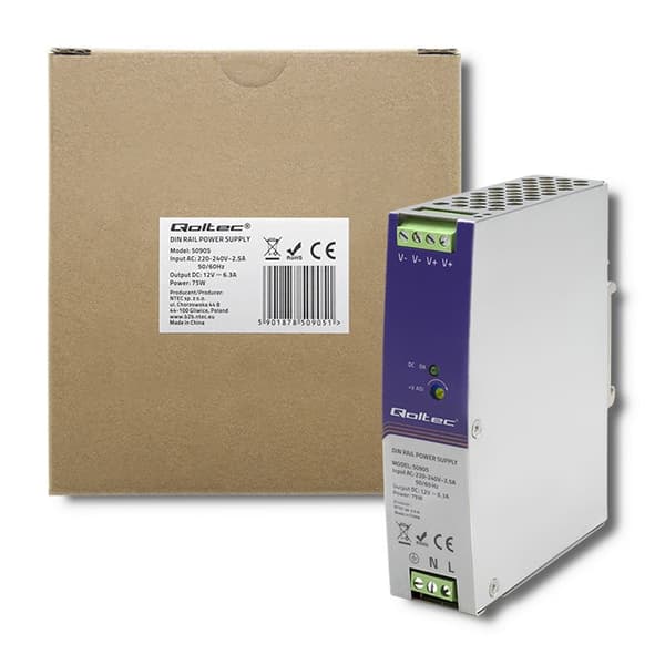 Qoltec 50905 Industriel DIN-skinne strømforsyning | 75W | 12V | 6.3A