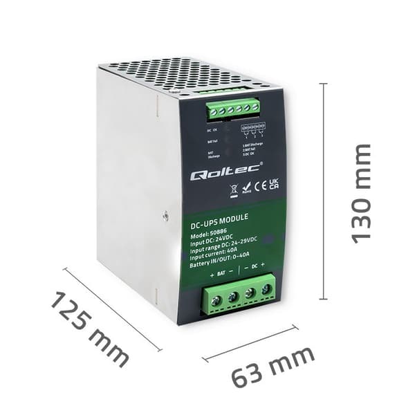 Qoltec 50886 Modul UPS DC til DIN-skinne | 40A | 24V
