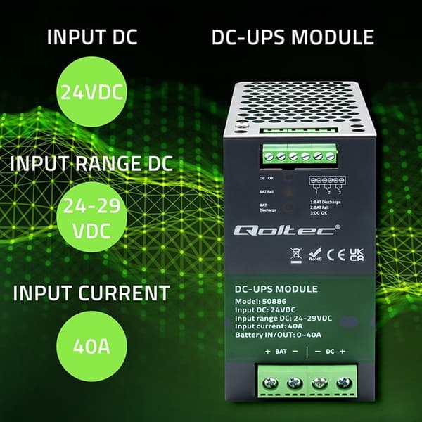 Qoltec 50886 Modul UPS DC til DIN-skinne | 40A | 24V