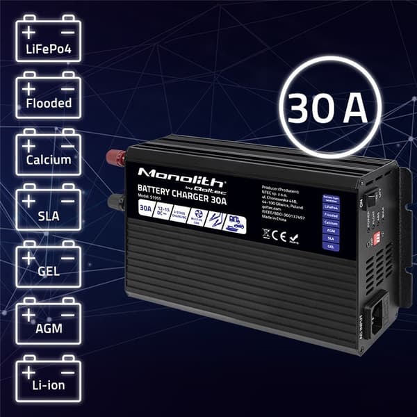 Qoltec 51955 Smart Monolith-oplader til LiFePO4 AGM GEL SLA-batterier | 30A | 12V