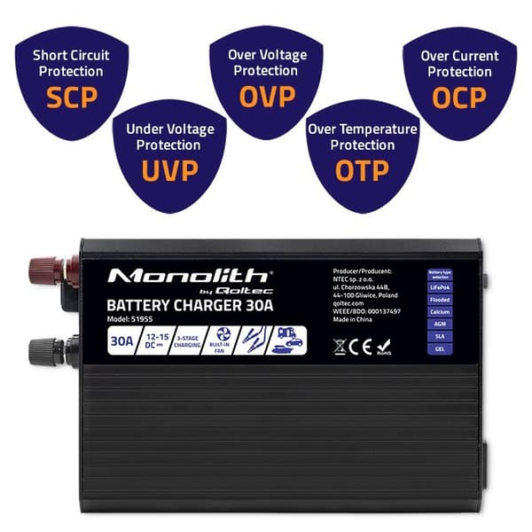 Qoltec 51955 Smart Monolith-oplader til LiFePO4 AGM GEL SLA-batterier | 30A | 12V