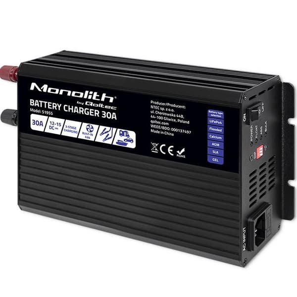 Qoltec 51955 Älykäs Monolith-laturi LiFePO4 AGM GEELI SLA -akuille | 30A | 12V