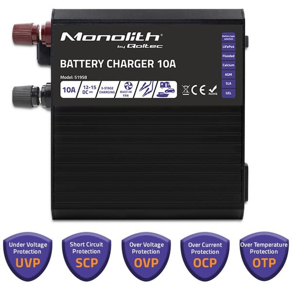 Qoltec 51958 Smart Monolith-oplader til LiFePO4 AGM GEL SLA-batterier | 10A | 12V