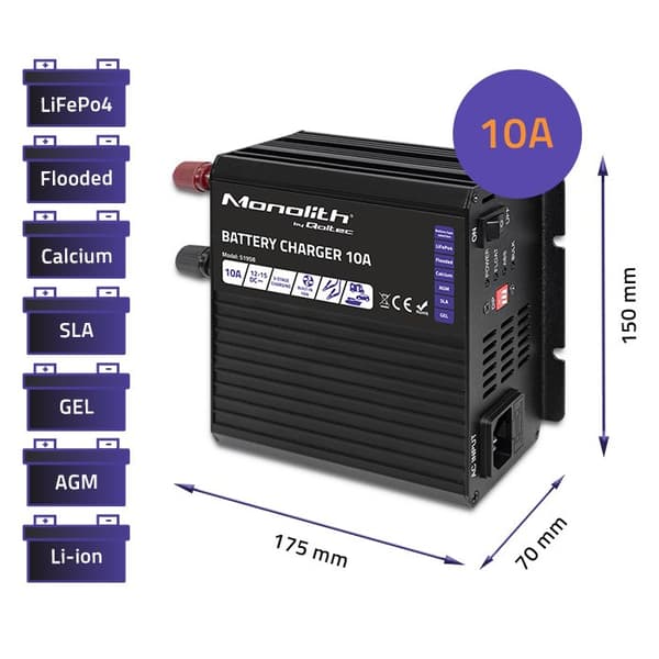 Qoltec 51958 Smart Monolith-oplader til LiFePO4 AGM GEL SLA-batterier | 10A | 12V