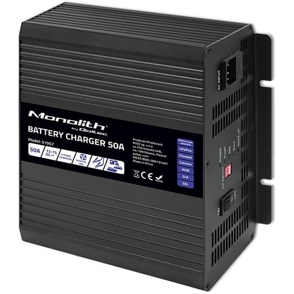 Qoltec 51957 Älykäs Monolith-laturi LiFePO4 AGM GEELI-SLA-akuille | 50A | 12V