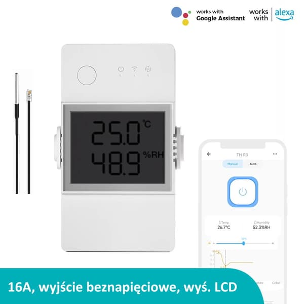 Wifi-termostaatti LCD-näytöllä ja vedenpitävällä anturilla Sonoff 16A