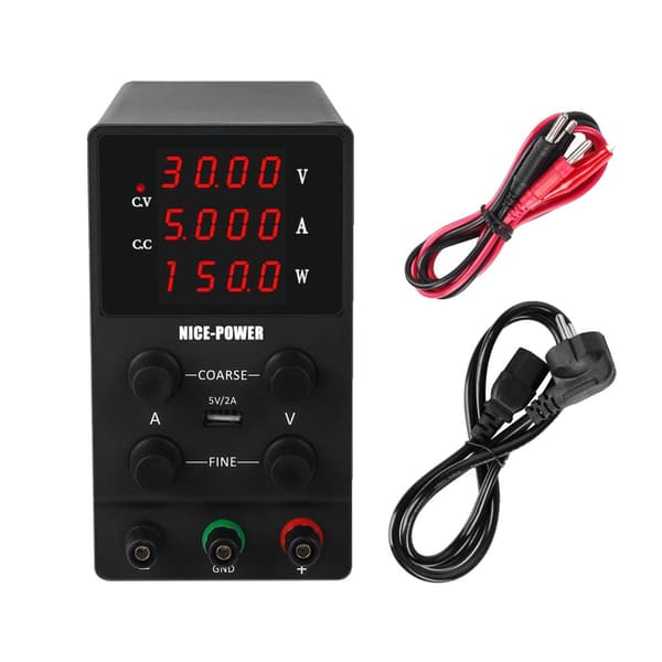 Laboratoriovirtalähde, säädettävä jännite, vaihtovirtatekniikka,4numeroa 30V5A, AC 220V
