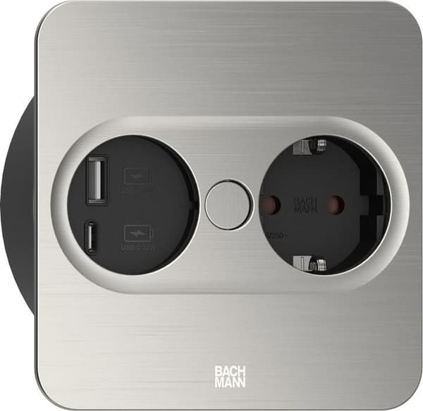 Bachmann TWIST 2-uttag 1xCEE7/3 1xUSB A/C 22W, FAST-PD30-2-CZ-EU, 946.005 Rostfritt stål