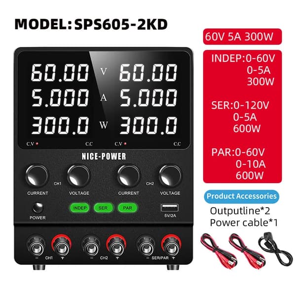 Dual Channel DC Power Supply, Utgångslägen: Oberoende, Seriekopplad, Parallell,SPS605-2KD 60V5A, AC 220V