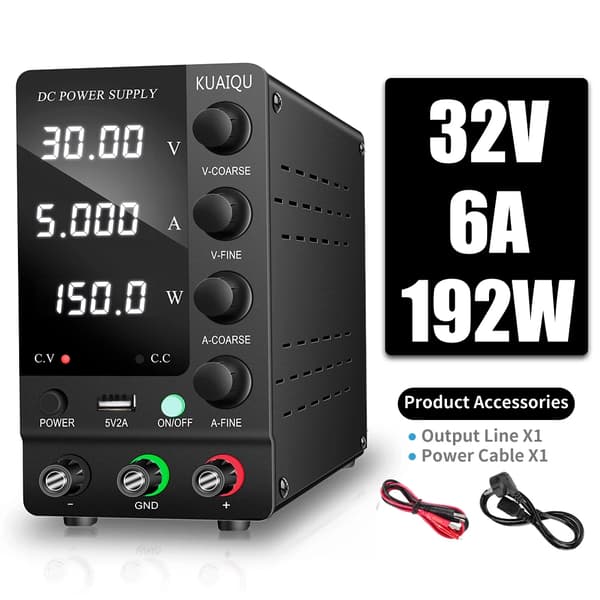 Säädettävä tasavirta-virtalähde, lähtöjännite 32V, lähtövirta 6A,AC 220V, Musta 32V6A