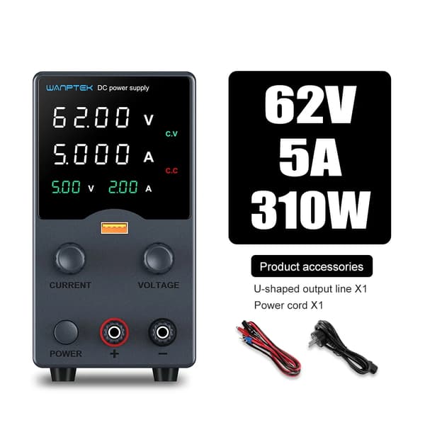 Wanptek DC-virransyöttö, säädettävä jännite jopa 120V, säädettävä virta jopa 10A,W-GA605H Musta