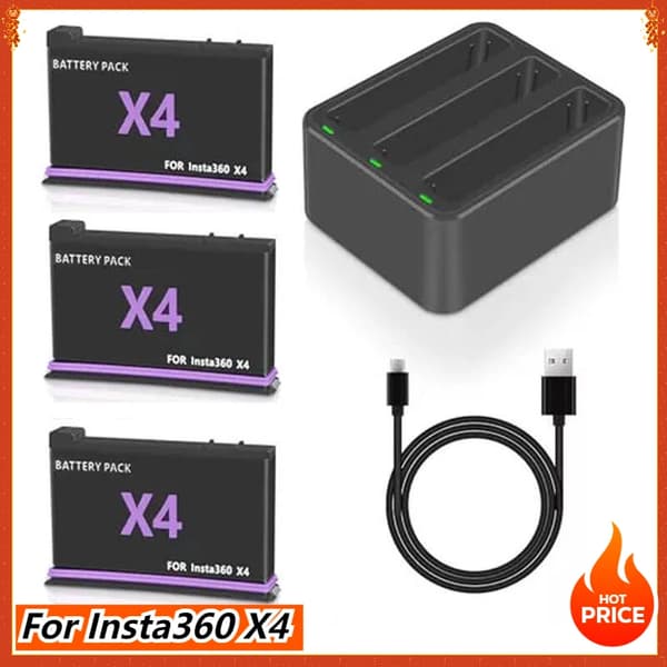 Batteri för Insta360 X4, 2500mAh kapacitet, snabb laddningsalternativ,3batteri 1laddare A