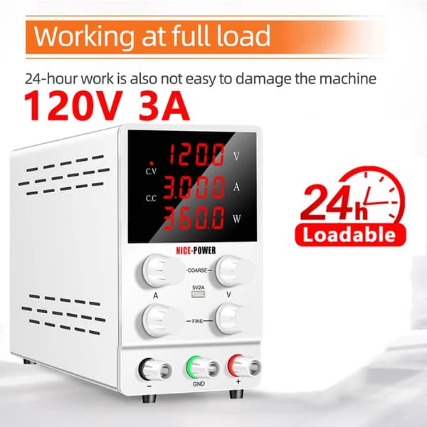 DC Strømforsyning, Justerbar Spænding op til 30V, Maksimal Strøm 10A,(120V3A)hvid