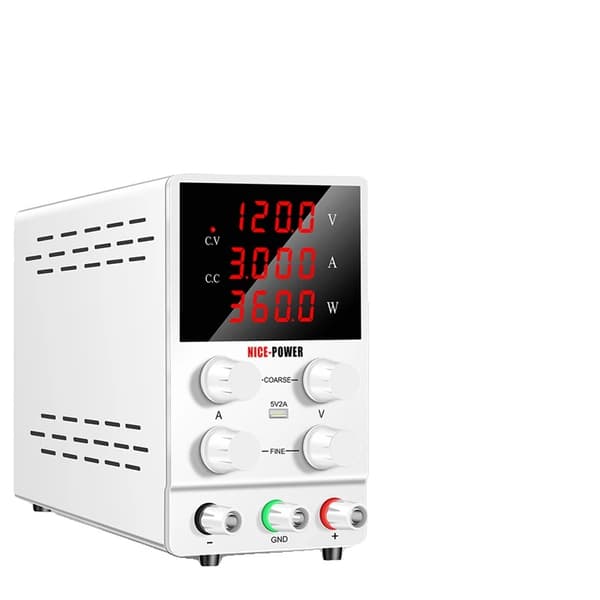 DC Strømforsyning, Justerbar Spænding op til 30V, Maksimal Strøm 10A,(120V3A)hvid