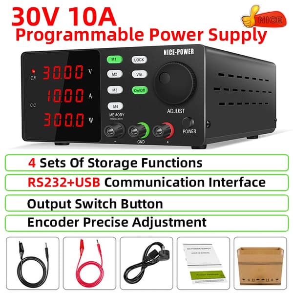 Ohjelmoitava tasajännitelähde, säädettävä 30V, 5A/10A ulostulo,30V 10A-RS232-portti, 220V