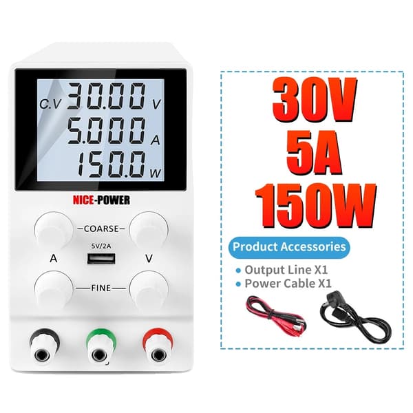 DC Strømforsyning, 30V/60V/120V Udgange, 3A/5A/10A Strøm,Hvid SPS305D