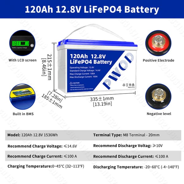 LiFePO4-batteripack, 120AH kapacitet, inbyggd BMS,12,8v 120ah-1STK