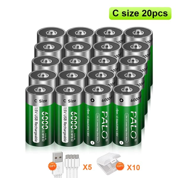Palo genopladelige C-størrelse batterier, 6000 mWh kapacitet, USB-opladning,20 stk.