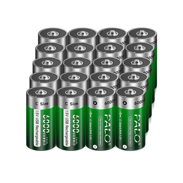 Palo genopladelige C-størrelse batterier, 6000 mWh kapacitet, USB-opladning,20 stk.