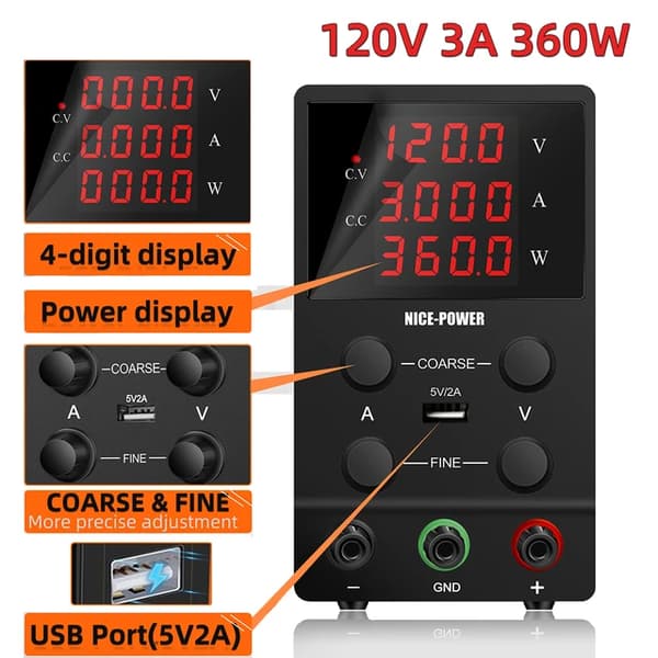 Laboratorie strømforsyning, justerbar spænding, stabiliseret output, 120V 3A 360W, 220V