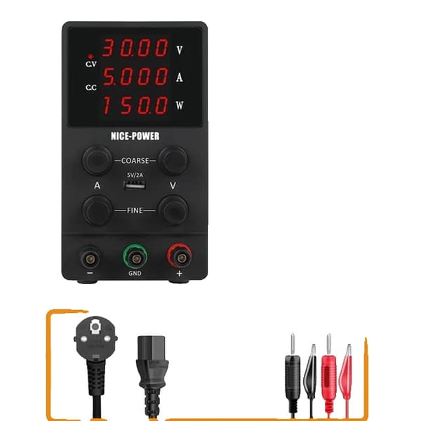 Laboratorie strømforsyning, justerbar spænding, reguleret output, Sort 30V 5A, 220V