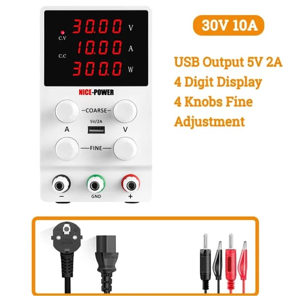 Laboratorie strömförsörjning, justerbar spänning, reglerad utgång, Vit 30V 10A, 220V