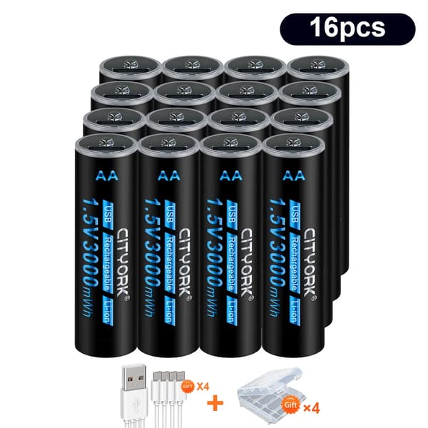 Genopladeligt AA-batteri, 3000mWh kapacitet, opladning via Micro USB, 16 stk AA-batteri