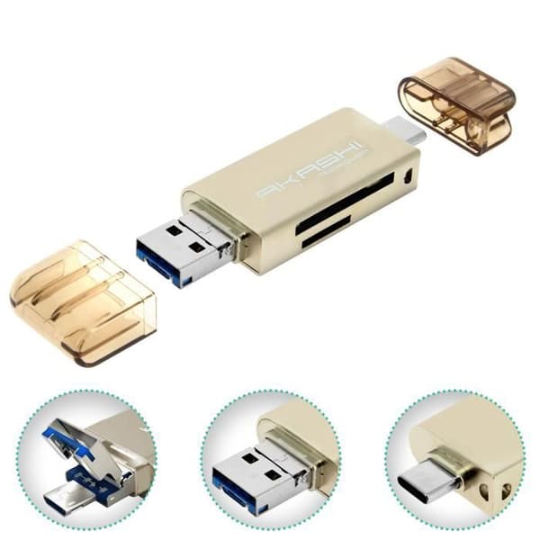 SD- och Micro SD-kortläsare 3 i 1 USB Micro USB och USB Typ C Akashi Grey