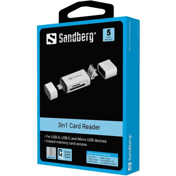 Sandberg Kortlæser USB-C+USB+MicroUSB Hukommelseskortlæser