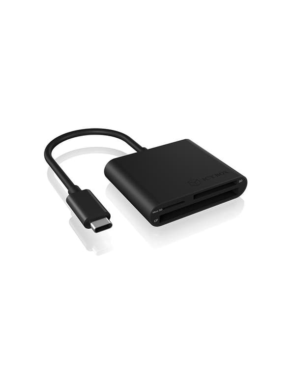 ICY BOX 60649 BOX SD-kortläsare med USB-C, USB 3-kortläsare för SD, micro SD eller CF, integrerad kabel, aluminium, svart