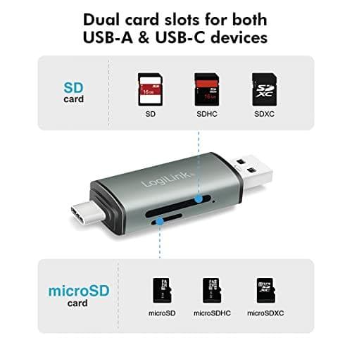 LogiLink USB 3.2 Gen1 kortlæser, SD/Micro SD, aluminium i rejseformat, indgang: USB-A-stik & USB-C-stik, - 1 stk (CR0043)