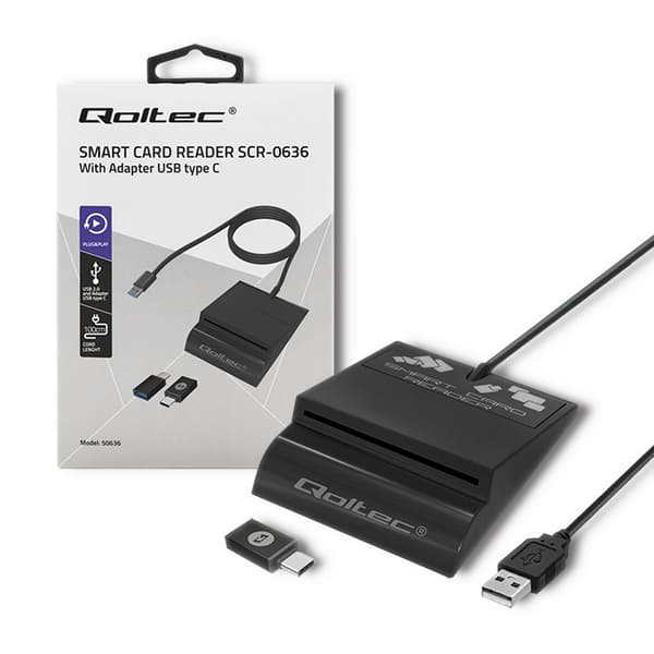 Qoltec 50636 Älykäs Smart ID -sirukortinlukija SCR-0636 | USB-tyyppi C