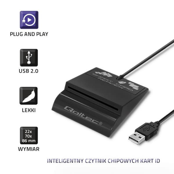 Qoltec 50636 Älykäs Smart ID -sirukortinlukija SCR-0636 | USB-tyyppi C