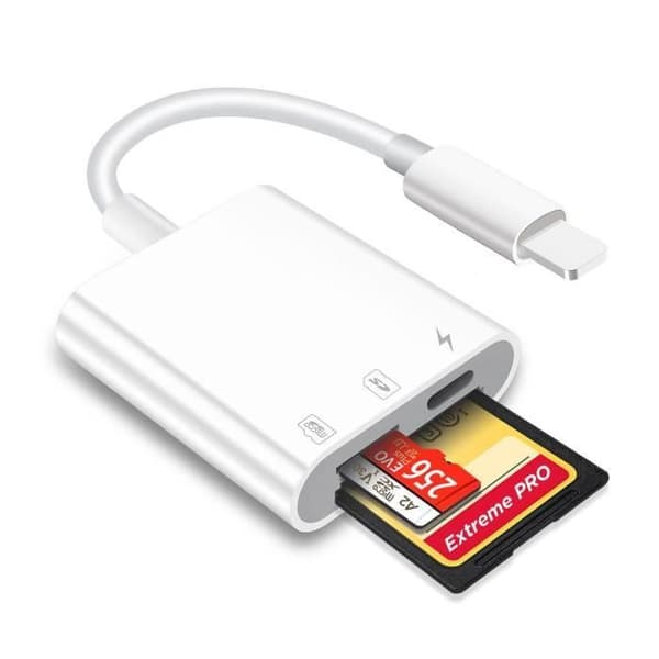 SD/Micro SD-kortläsare för iPhone/iPad Plug and Play, SD-minneskortadapter med samtidig läsning och laddning