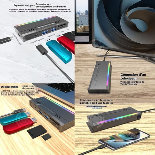 INN Multifunktionell kortläsare nvme pcie m.2 10gbps med rgb-ljus ssd-fodral för tf-kort/sd-kort/usb-minnen/ssd-hårddiskar