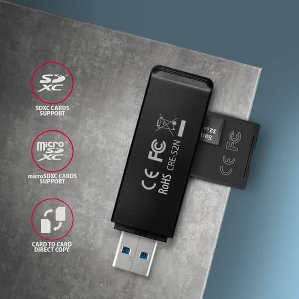 Kortläsare - AXAGON - CRE-S2N - USB-A 3.2 Gen 1 - Kompatibel med SD och microSD - Svart