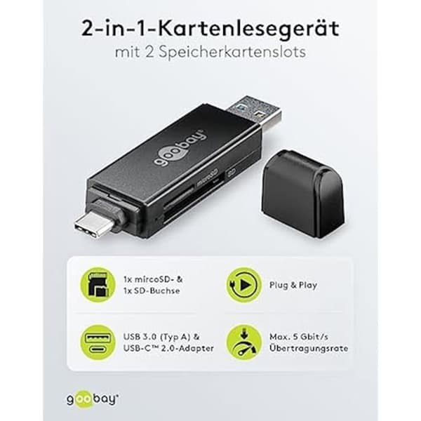 USB C 2 i 1 Kortläsare - GOOBAY - 58261 - USB 3.0 - Kompatibel med SDXC/SDHC/microSD - SuperSpeed 5 Gbit/s