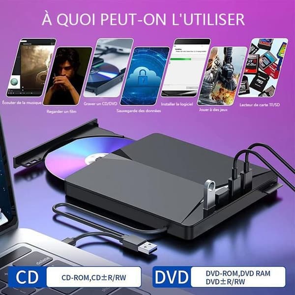 Bärbar USB 3.0 extern DVD CD-brännare - 7 i 1 multifunktions DVD-brännare - för Windows 11/10/8/7
