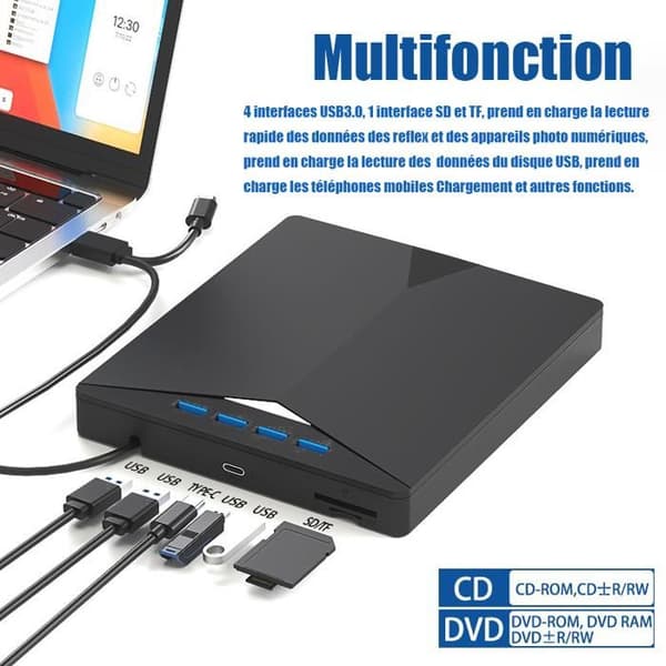 Bärbar USB 3.0 extern DVD CD-brännare - 7 i 1 multifunktions DVD-brännare - för Windows 11/10/8/7