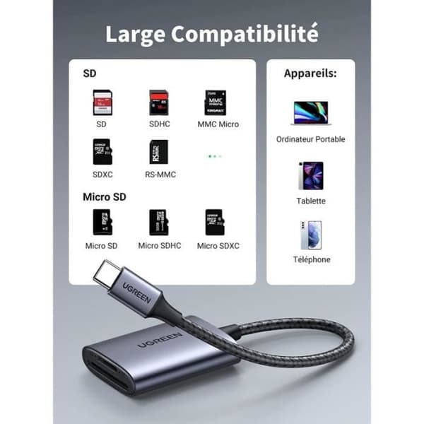 USB C SD-kortläsare - UGREEN - 5Gbps Aluminium Micro SD-kortadapter Samtidig tillgång till 2 kort Max 2TB